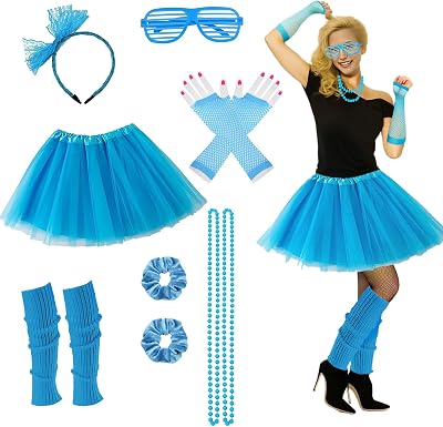 80s Outfit For Women Party 80s Accessories 7pc 70s 90s 1980s Costumes with Blue Tutu Neon Leg Warmers