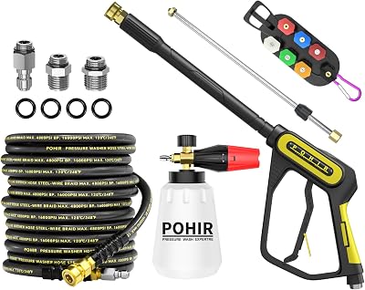 POHIR Pressure Washer Gun with 38 Power Washing Hose 50FT 4800PSI & Foam Cannon, Car Washing Kit with Extension Wand & Nozzle Tips & M22 15mm14mm Fittings