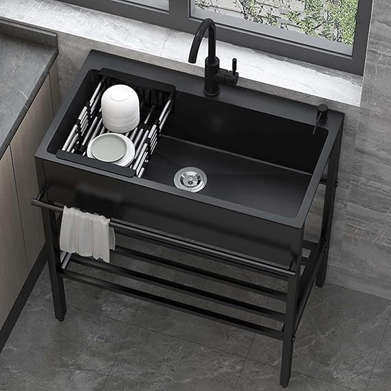 Free Standing Catering Sink Kitchen Restaurant Utility Sink Single Bowl with Hot Cold Water Pipes and Tap for Garage, Laundry Room,Outdoor 68cmx45cmx85cm