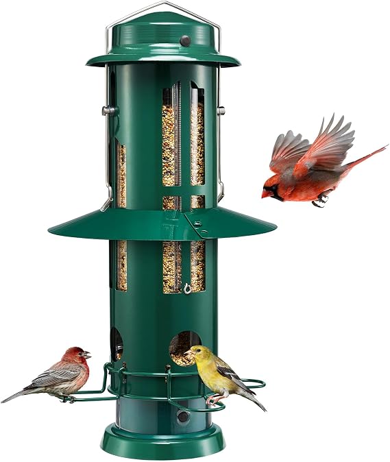 Kingsyard Squirrel Proof Bird Feeder with Removable Base, All Metal, Tube Bird Feeders for Outdoors Hanging, Easy to Clean & Refill, Dark Green