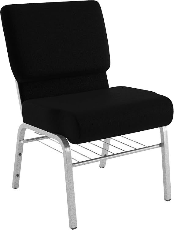 Flash Furniture 4 Pack HERCULES Series 21''W Church Chair in Black Fabric with Book Rack - Silver Vein Frame