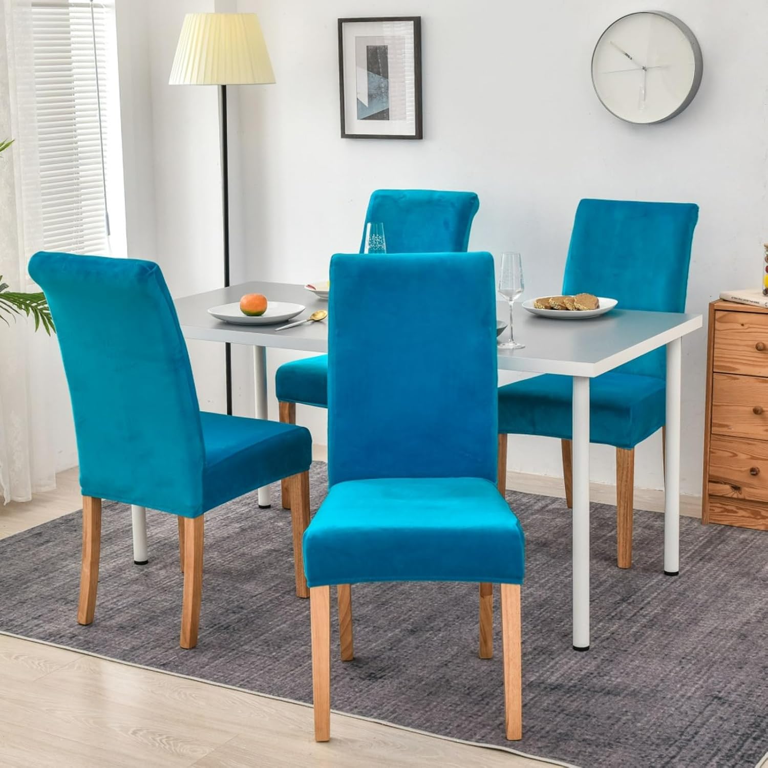 Velvet Dining Chair Covers Set of 4 6, Stretch Large Chair Slipcovers for Dining Room Soft Parson Chair Seat Covers Chair Protectors Washable Blue,4