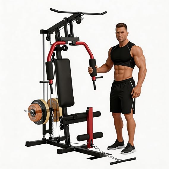 Full Body Workout Machine - 5-in-1 Home Gym Equipment with LAT Pulldown, Chest Press, Leg Extension & Seated Row, 300LB Capacity Strength Training Station, Fits 1 & 2 Weight Plates (Not Included)