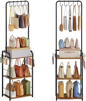 Floor-Standing Purse Organizer for Closet with 5 Hangers & 6 Side Hooks, Tall Purse Rack Stand for Purse Storage, High-Capacity Handbag Organizer, Multi-Purpose Purse Storage Organizer for Small Place