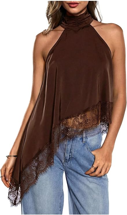 Milumia Women's Halter Neck Sleeveless Top Lace Asymmetrical Hem Summer Going Out Tank Tops