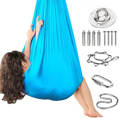 Sensory Therapy Swing for Kids - Indoor Outdoor Yoga Swing Hammock Elastic Cuddle Therapy Swings Chair Funny Gifts for Boys Girls with Autism ADHD SPD Aspergers Sensory Integration Sky Blue