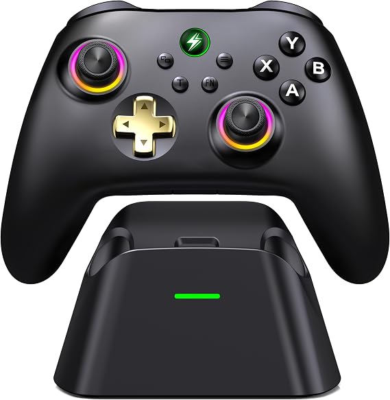 Wireless PC Controller with Charging Dock - Dual Hall Effect for Zero Drift, 1000Hz Low Latency, Ergonomic RGB Design for Windows PC/Steam/Switch/Android/iOS