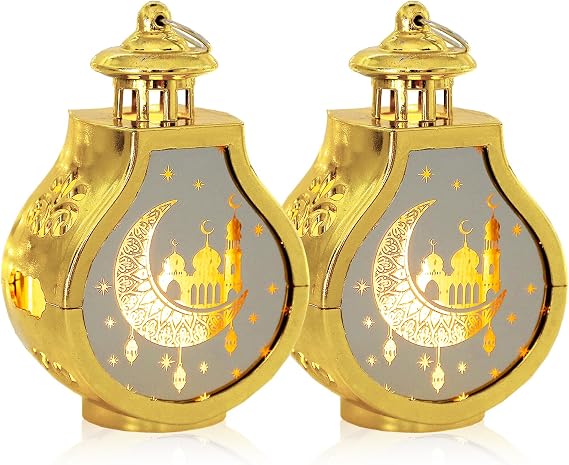 ABTOLS 2 Pieces Ramadan Lantern Decoration,Mini Eid Mubarak Moon Lamp Ramadan Hanging Candle Lantern Gold Islamic Muslim Light Lantern for Home Tabletop Decor