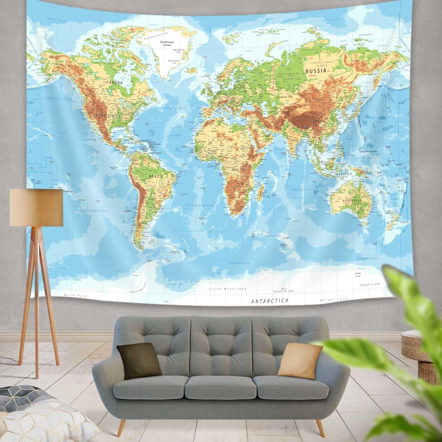 World Map Tapestry for Kids Student, World Map with Countries and Major Cities Tapestry Educational Tapestry, Asia Europe South City Topography America Africa Japan Wall Tapestry 60X40 InchBlue