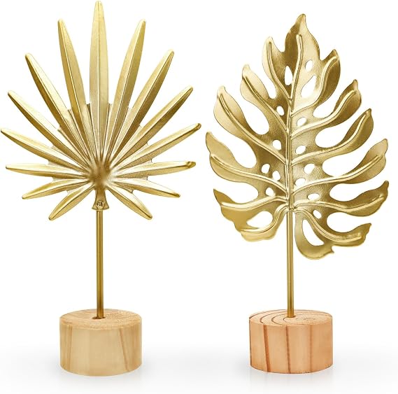 2PCS Mini Gold Leaf Sculpture Ornament, 7.5 in Metal Gold Palm Leaves Decor for Desk, Sideboards, Display Cabinet Filler, Iron Craft Ginkgo Leaf Decor with Wooden Base (Monstera+Palm Leaf)
