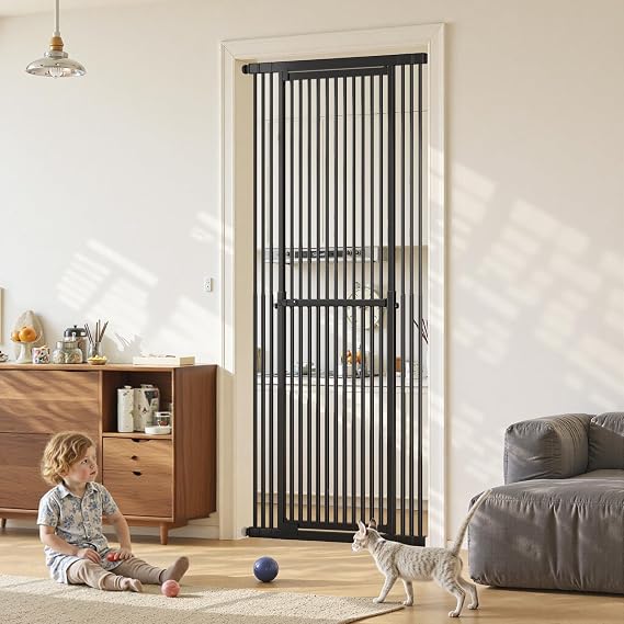 Gardner Pet Extra Tall No-Drill Cat Gate,Adjustable Steel Safety Gate,Black | 130-220CM Height & 70-95CM Wide Adjustable, Pressure Mounted, 4 Extension Kits, For Stairs, Hallways, Kitchen & Bedrooms