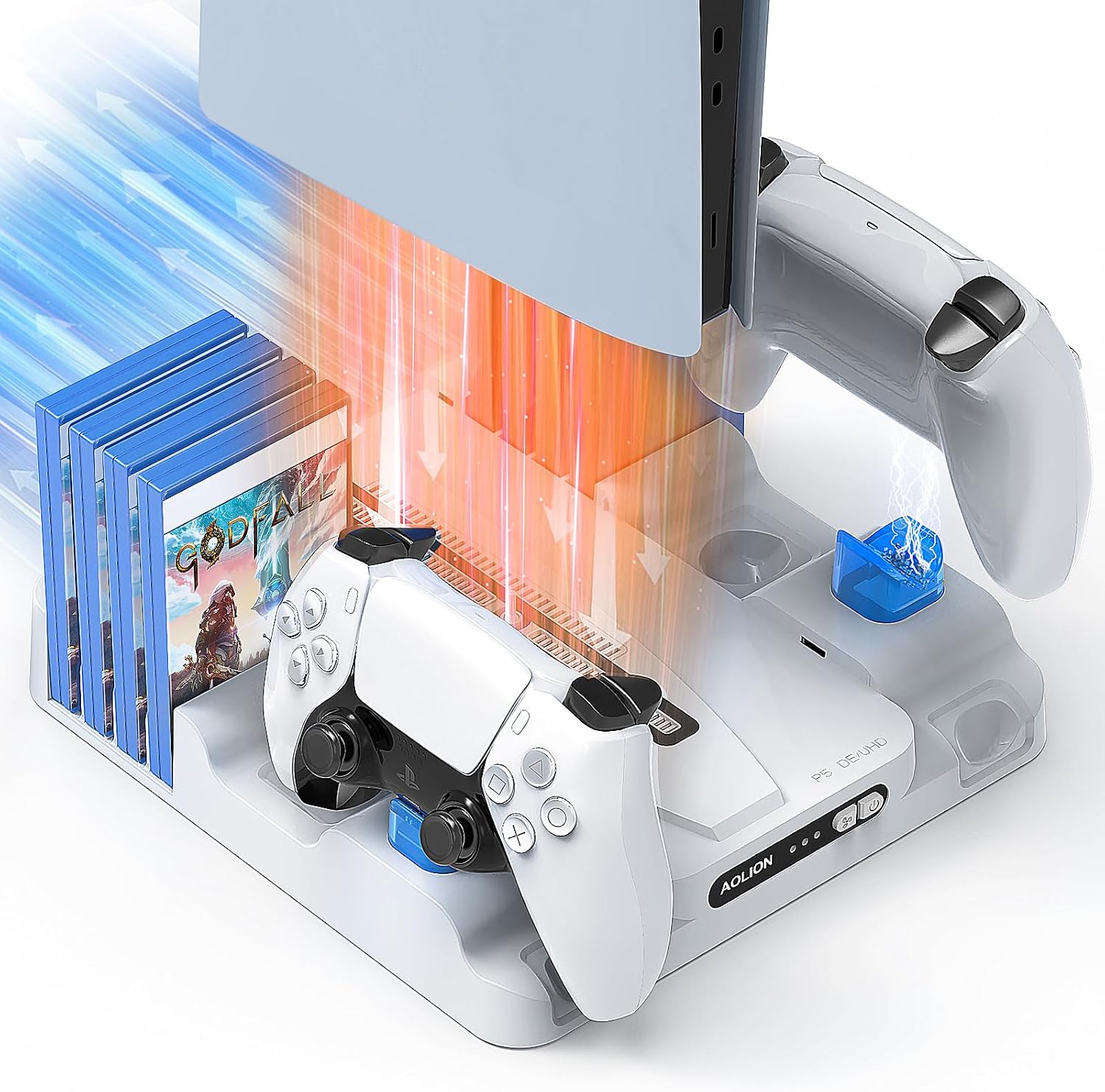Qoosea for PS5PS5 Slim Cooling Stand PlayStation 5 Charging Station with Dual Controller Charging Station for PS5PS5 Slim DiscDigital with 3 Levels Cooling Fan 8pcs Game Storage