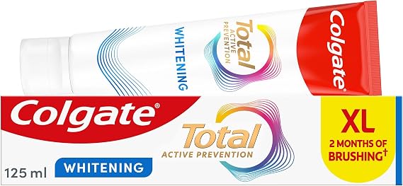 Colgate Total Active Prevention Teeth Whitening Toothpaste 125ml | Fights Root Causes* of Many Oral Health Problems³ | 24h Antibacterial¹ Protection | clinically Proven | Patented² Technology