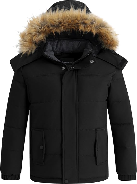 wantdo Boy's Winter Puffer Coats Thick Warm Snow Jacekets Detachable Hood | Removable Faux Fur, Fleece Lining, Windproof, Machine Washable