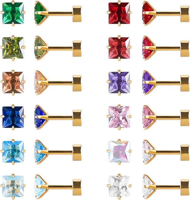 12 Pairs Surgical Stainless Steel Flat Back Screw Back Round Heart Star Square Teardrop Cubic Zirconia Birthstone Stud Earrings Set for Women