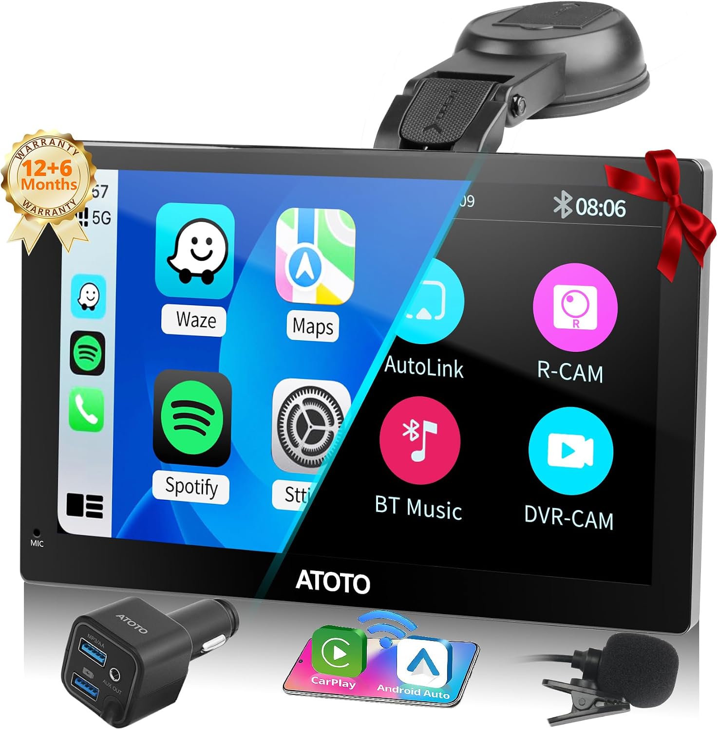 Wireless Portable CarPlay Screen & Android Auto, ATOTOEXCEL Portbale Car stereo, 7 inch QLED HD Touchscreen Auto-Dimmer Glare-Suppress, Car Radio Bluetooth Navigator, MirrorLink, AUXFM