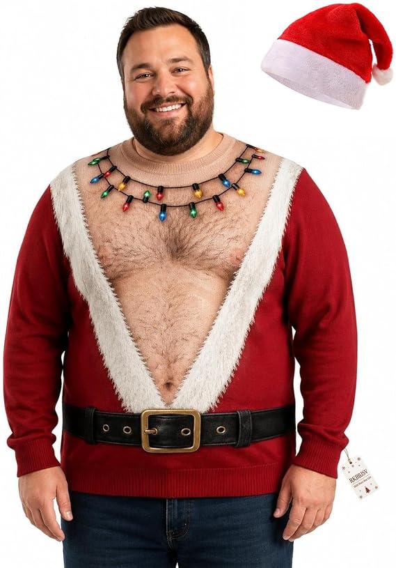 Ugly Christmas Sweater Hairy Chest, Funny 3D Hairy Chest Santa Sweatshirt