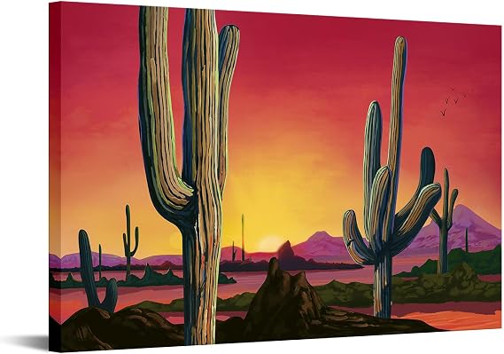iHAPPYWALL Saguaros Landscape Canvas Wall Art Sunset Arizona Cactus Painting Sonoran Desert Picture for Home Bedroom Decor Ready to Hang 24x36inch