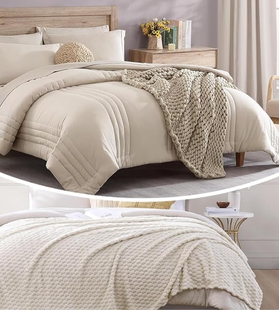 Monbix 7 Piece Comforter Sets and Fleece Throw Blanket Bundle