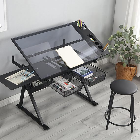 Adjustable & Tiltable Draft Drawing Table with Stool Art Craft Draft Station with Storage & Side Tray Glass Topped for Reading, Writing, Crafting, Painting Art