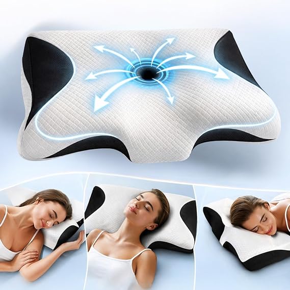 Memory Foam Neck Pillow with Free Eye Mask, Ergonomic Cervical Support Pillow, Orthopedic Neck Pillow for Side, Back & Stomach Sleepers, Neck & Shoulder Comfort, Washable Cover