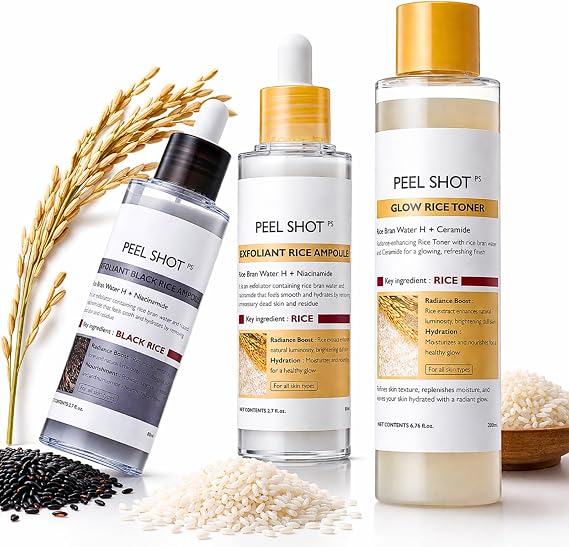 3PC Peel Shot Glow Rice Complete System | White Rice & Black Rice Exfoliant & Hydrating Rice Toner | Gentle AHA BHA Exfoliating Face Body Scrub & Pore Care | Korean Skincare Set for All Skin Types