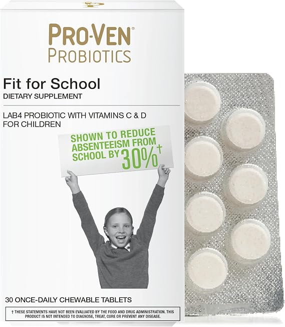 Pro-Ven Fit for School Kids Vitamins Kids Probiotic Chewable Tablets | 12.5 Billion CFUs with Vitamin C & D for Ages 4-16 | Strawberry Flavor | Vegetarian, Gluten & Lactose Free | 30 Daily Tablets