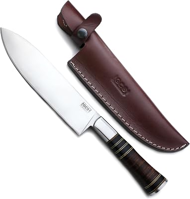 GCS Handmade Stacked Leather Handle D2 Tool Steel Chef Knife with leather Buffalo Hide Sheath GCS130
