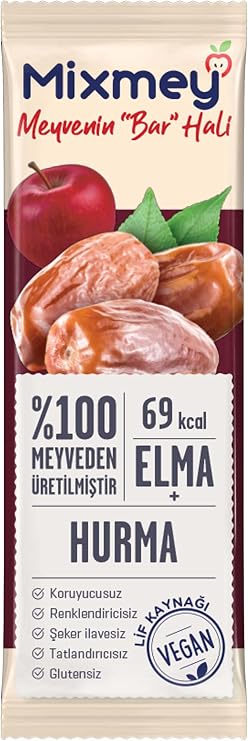 Mixmey Hurma Meyve Barı 12 Adet | Sağlıklı Atıştırmalıklar – Vegan, Glutensiz, Koruyucusuz (20GR X 12 ADET)