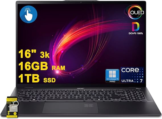 Acer Swift 16 AI Laptop 16" 3k OLED Touch 100% DCI-P3 Intel 8-core Ultra 7 Series 2 256V (Up to 47 Tops) 16GB DDR5 1TB SSD for Creator Designer Business Professional Win11Pro ICP Acc