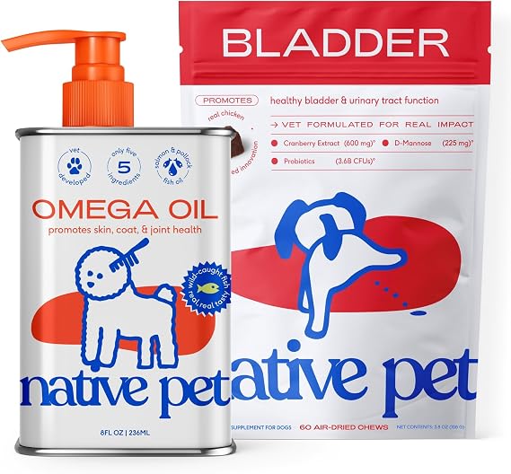 Native Pet Dog UTI Treatment Over The Counter & Fish Oil for Dogs to Support Itchy Skin + Mobility | 60 Chews & 8 Oz