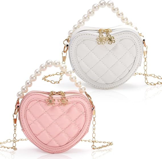 Cididu 2 Pack Little Girl Purses, Heart Shaped Children Crossbody Bag with Pearl Handle, Mini Cute Kid Purse with Chain Strap, Princess Handbag Wallet Gift for Kids, Easter, Birthday Gift