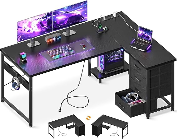AODK 53" L Shaped Gaming Desk with 4 Drawers and Power Outlets, Black