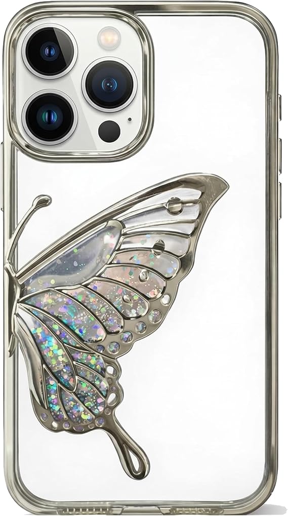 Coverzone iPhone 17 Pro Max ile Uyumlu 3D Kelebekli Sıvılı Simli Şeffaf Gümüş Çerceve LunaFlow Telefon Kılıfı Kamera Lens Korumalı Lüks Parlak Koruyucu Kapak