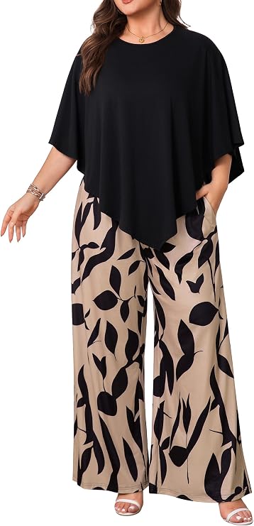 Plus Size Lounge Sets for Women 2 Piece Pants Sets Outfits | Cape Style Top & Wide Leg Pants, Soft Lightweight Feel, Loose Fit Design, Casual Comfort for Travel, Weekend Wear & Errands