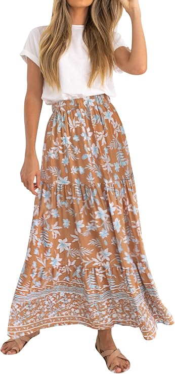ZESICA Women's Bohemian Floral Printed Elastic Waist A Line Maxi Skirt