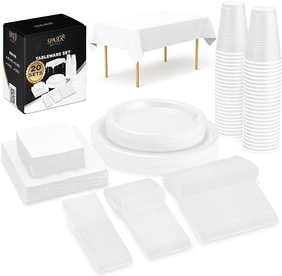 White Party Supplies Set Paper Plates Plastic Cups Forks Knives Spoons Napkins Tablecloth Serves 20 Guests Disposable Dinnerware Set of 222 Pieces, Complete Tableware for Party
