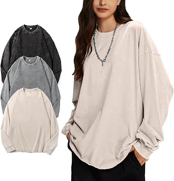 Wyeysyt 3 Pack Oversized Tshirts for Women Long Sleeve Cotton T-Shirts Vintage Acid Wash Baggy Unisex T Shirts