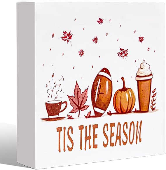 Fall Decorations for Home, Fall Table Decor Rustic Tis the Season Pumpkin Wood Box Sign, Farmhouse Retro Artwork Thanksgiving Fall Decor for Office Bedroom Room Mantel Tiered Tray, 5.9 Inch