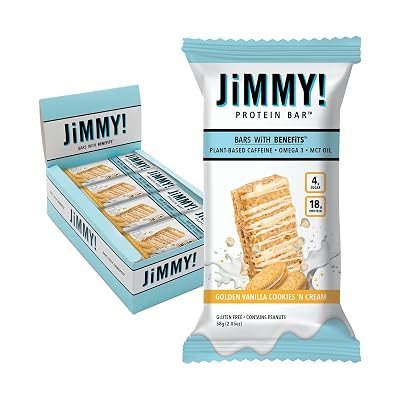 JiMMYBAR! - Golden Vanilla Cookies N Cream - 18g Protein Bars - Low 4g Sugar - 12 Count - Real Peanut Butter Base with Hand-Drizzled Chocolate 58g Protein Bar - Functional Meal Replacement Bars
