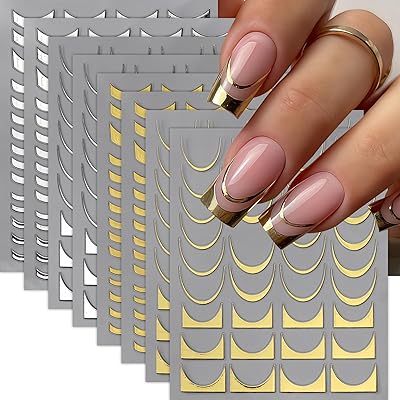 8 Sheets French Stripe Line Nail Stickers 3D Self-Adhesive Metal Strip French Nail Decals Gold Silver Geometric Waved Nails Design French Line Nail Supplies for Women DIY Nail Decoration Kits