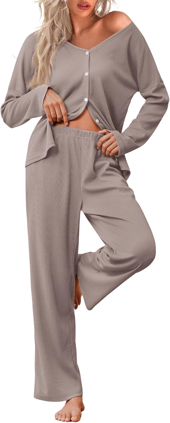 Ekouaer Womens Waffle Knit Pajamas Long Sleeve Button Up Lounge Set