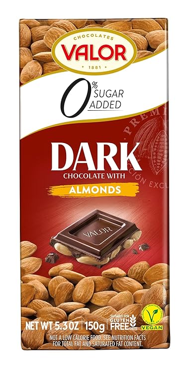 Valor. Dark Chocolate with Mediterranean Almonds. No sugar added. 150g (5.29oz)