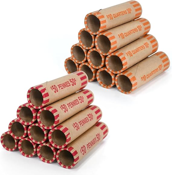 L LIKED 144 Pcs Preformed Coin Wrappers for Pennies & Quarters 72 Each | Color-coded, ABA standard, durable kraft paper, double wrapped, easy to use, for banks, casinos, retail & offices