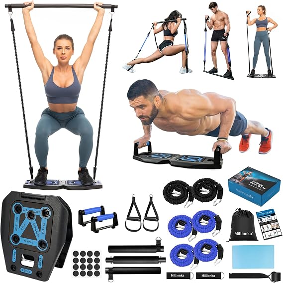 Portable Home Gym Workout Equipment with 16 Exercise Accessories Including Fitness Push Up Board Elastic Resistance Bands Pilates Bar and More for Full Body Exercise At Home Equipment