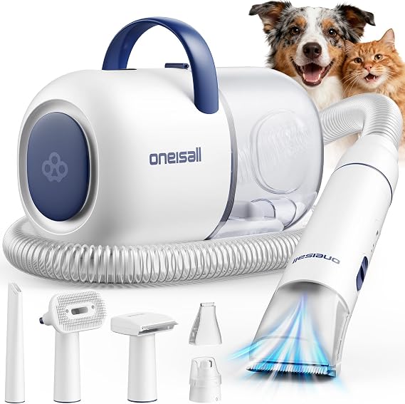oneisall Dog Grooming Vacuum Kit with 6 Tools | Powerful 15000Pa Suction, Clippers, Trimmer & Nail Grinder 59dB, 2L Large Canister, Easy to Clean & Empty