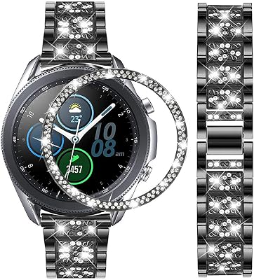 Bands Compatible with Samsung Galaxy Watch 3 41mm, 20mm Luxury Diamond Stainless Steel Metal Bracelet with Rhinestone Bezel Ring Case Cover Replacement for Women Men