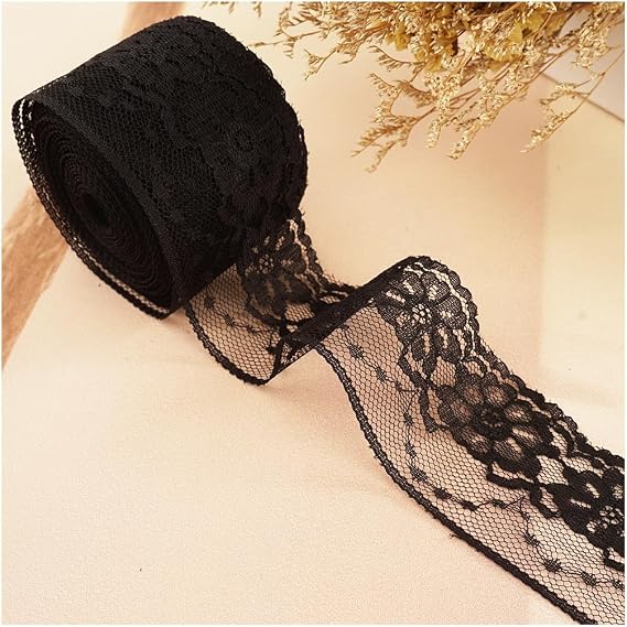 25 Yards Black Lace Ribbon Roll Lace Trim Ribbon Lace Fabric for Sewing,Baby Shower,Birthday,Bridal Shower, Wedding Decoration,Gift Packaging,Bouquet,Party Decorations(1.9 inch Width)