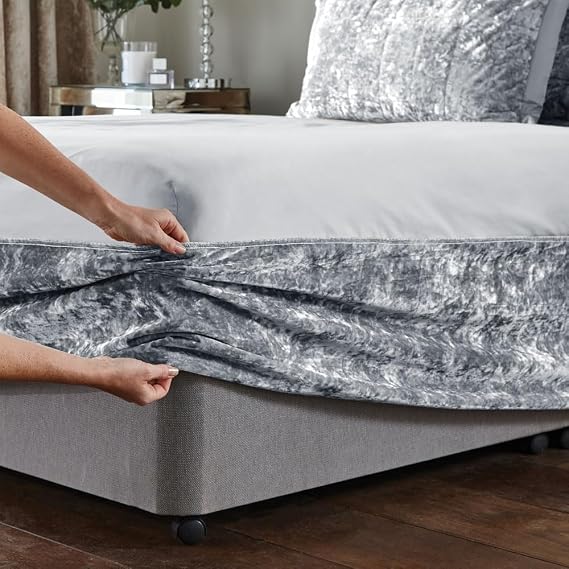 Crushed Velvet Bed Base Wrap Valance – Luxury Elasticated Fitted Divan Sheet Cover – Soft Silver Grey Frame Wrap for Single, Double, King & Super King Size Beds (Single)