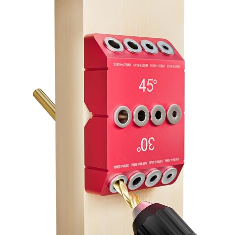 304590 Multi-Angle Drill Guide Jig, Aluminum Pocket Hole Drilling Template with 4 Sizes Hole for Woodworking Doweling